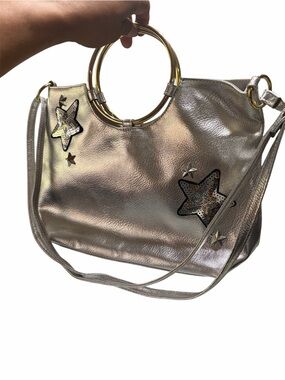 T-Shirt & Jeans Metallic Silver Star Tote with Gold Ring Handles